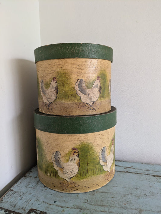 2x vintage Gift hat box Round Floral Storage Hen Chicken Farmhouse Decor Storage