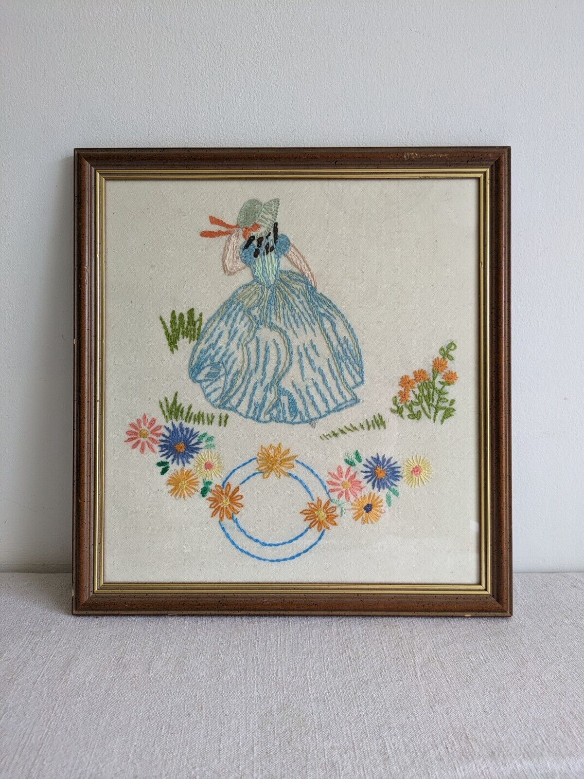 vintage framed picture embroidery crinoline Lady Antique Frame Gilt 30s 40s Vgc