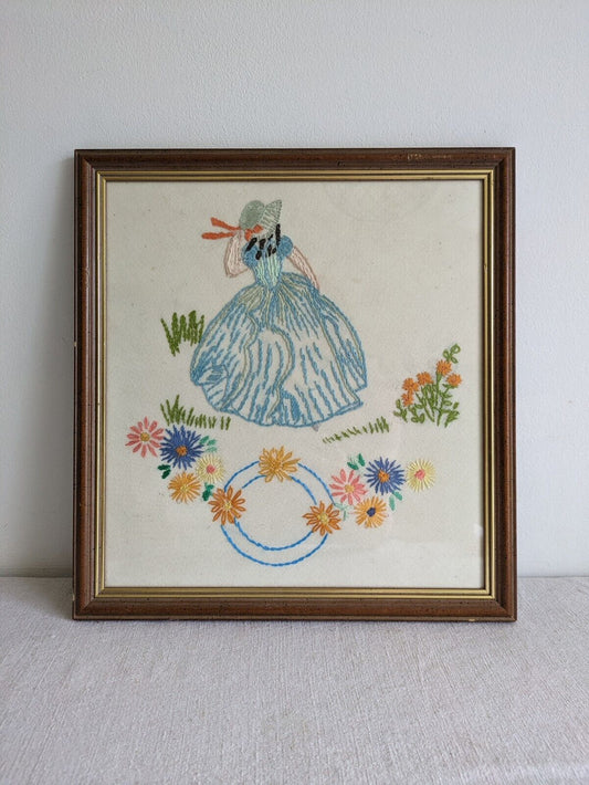 vintage framed picture embroidery crinoline Lady Antique Frame Gilt 30s 40s Vgc