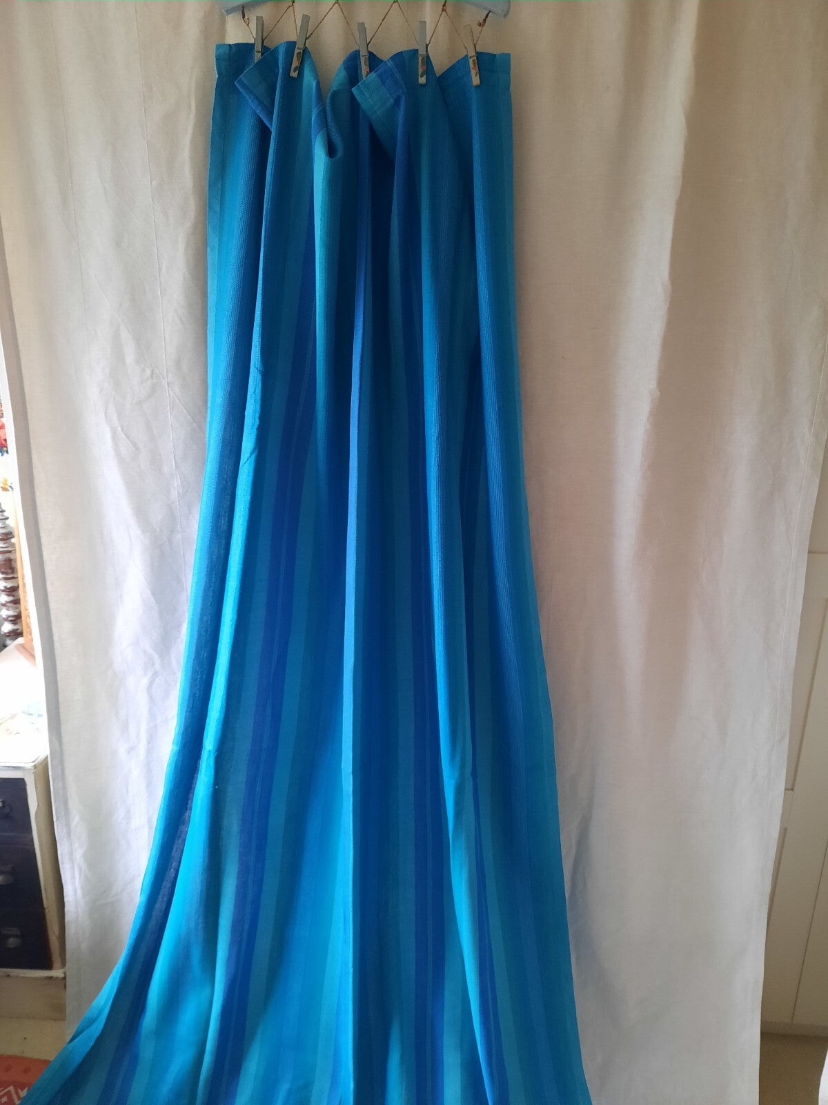 1x VINTAGE RETRO TEAL BLUE GREEN STRIPE MIDCENTURY CURTAIN 220.5cmD 114cmW long