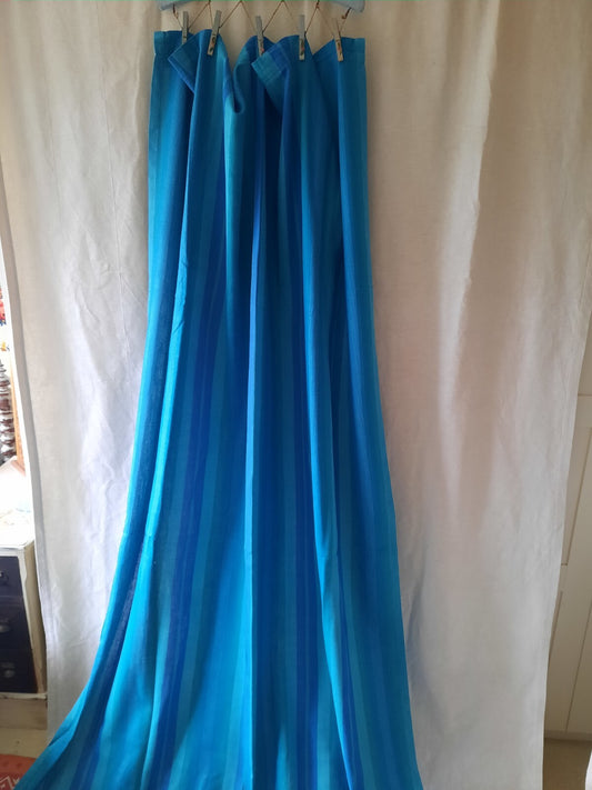 1x VINTAGE RETRO TEAL BLUE GREEN STRIPE MIDCENTURY CURTAIN 220.5cmD 114cmW long