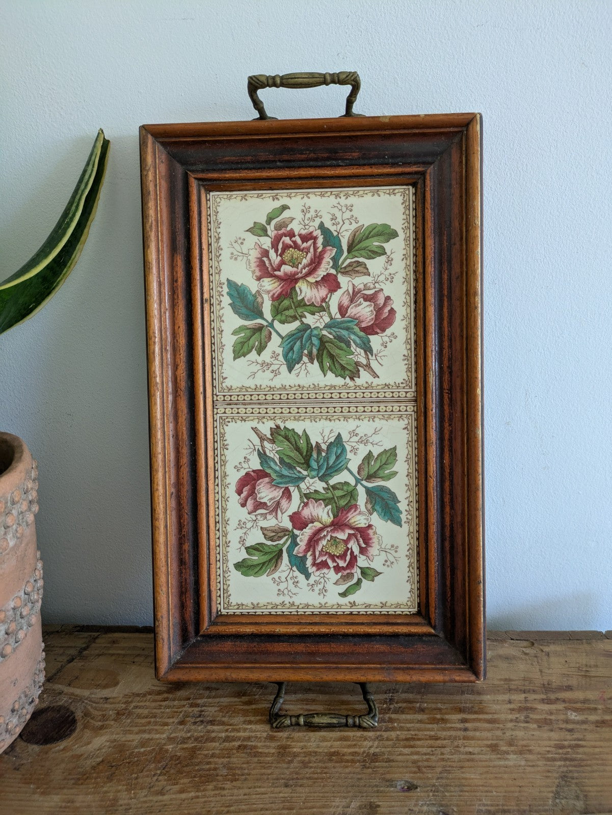 Vintage Tray Ceramic Rose Floral Tiles Wooden Frame & Brass Handles Serving Old!