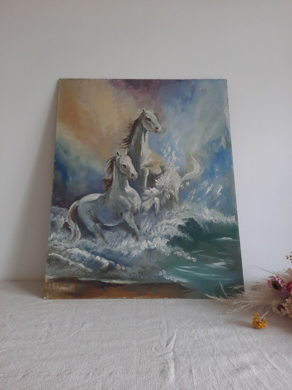 OIL ON BOARD EQUESTRIAN ARTIST SURREAL HORSES FANTASY ART MAGICAL WHIMSICAL OLD