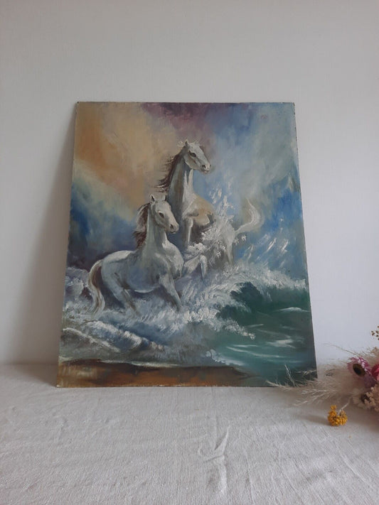 OIL ON BOARD EQUESTRIAN ARTIST SURREAL HORSES FANTASY ART MAGICAL WHIMSICAL OLD