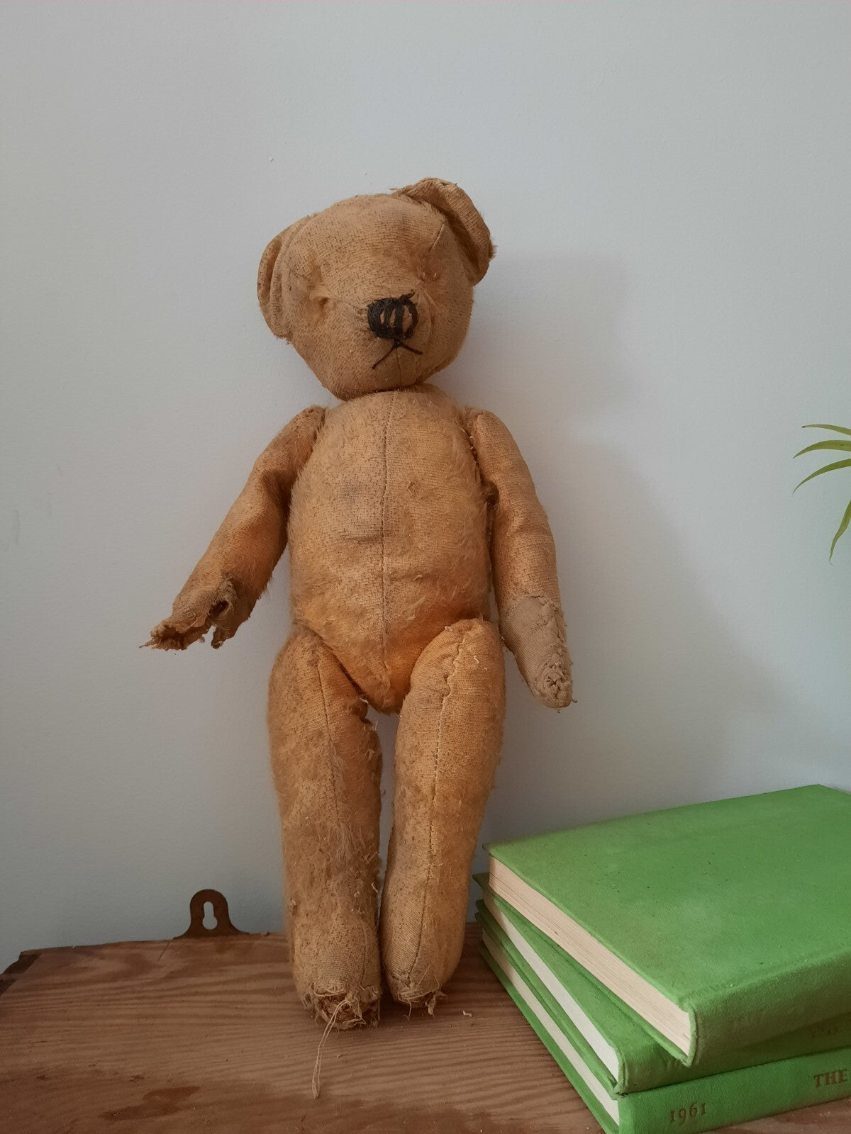 Antique Jointed Old Mohair Teddy Bear straw stuffed vintage RARE worn toy play