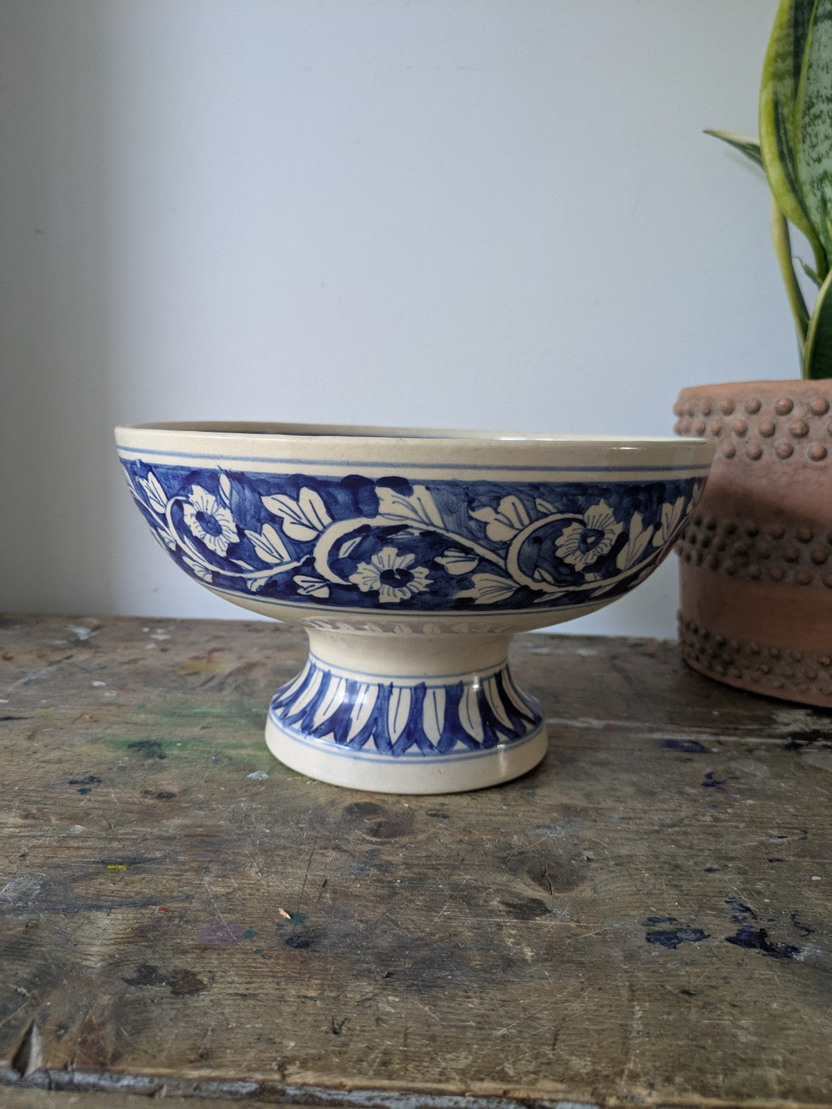 Asian Blue and White Ceramic Fruit Bowl Serving Dish Footed Raised Pedestal Vtg