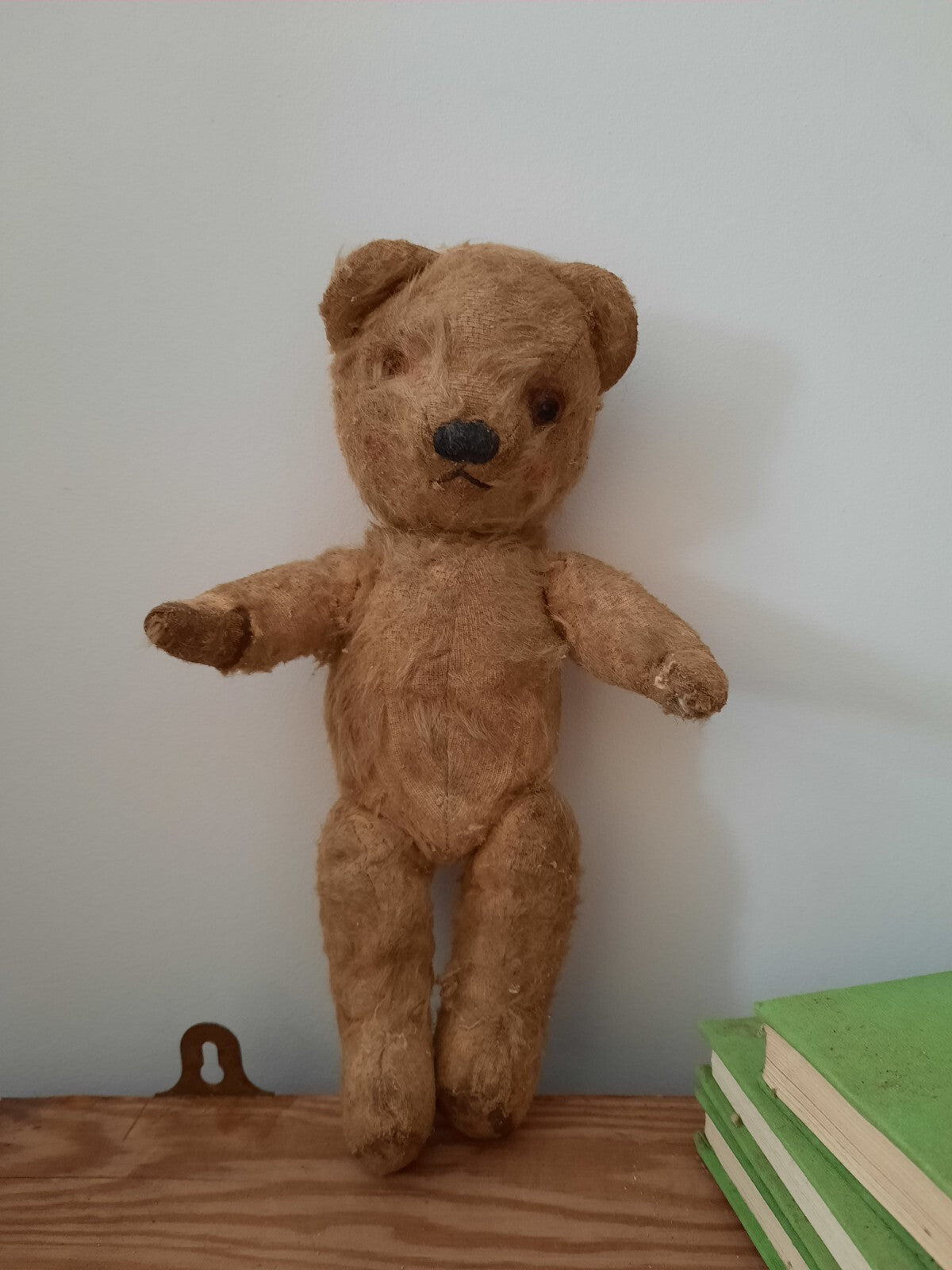 Antique Small Jointed Old Mohair Teddy Bear straw stuffed vintage RARE worn toy