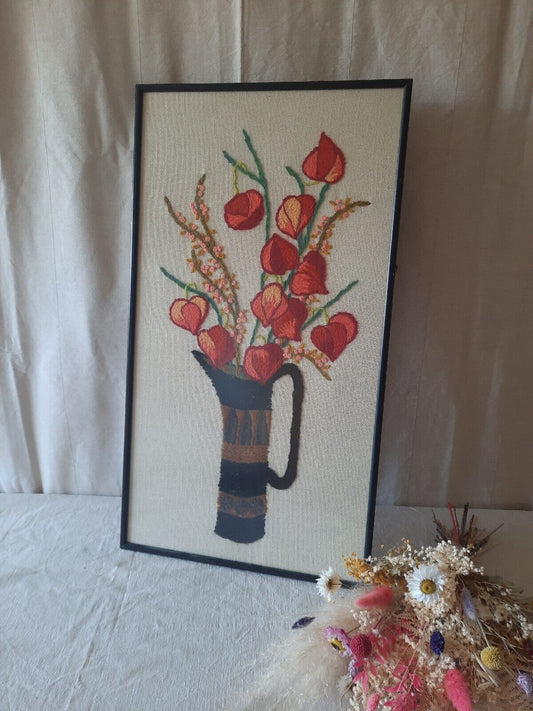 Large Retro Mcm Vintage Framed Floral Flowers Embroidery German Vase 70s Appliqu