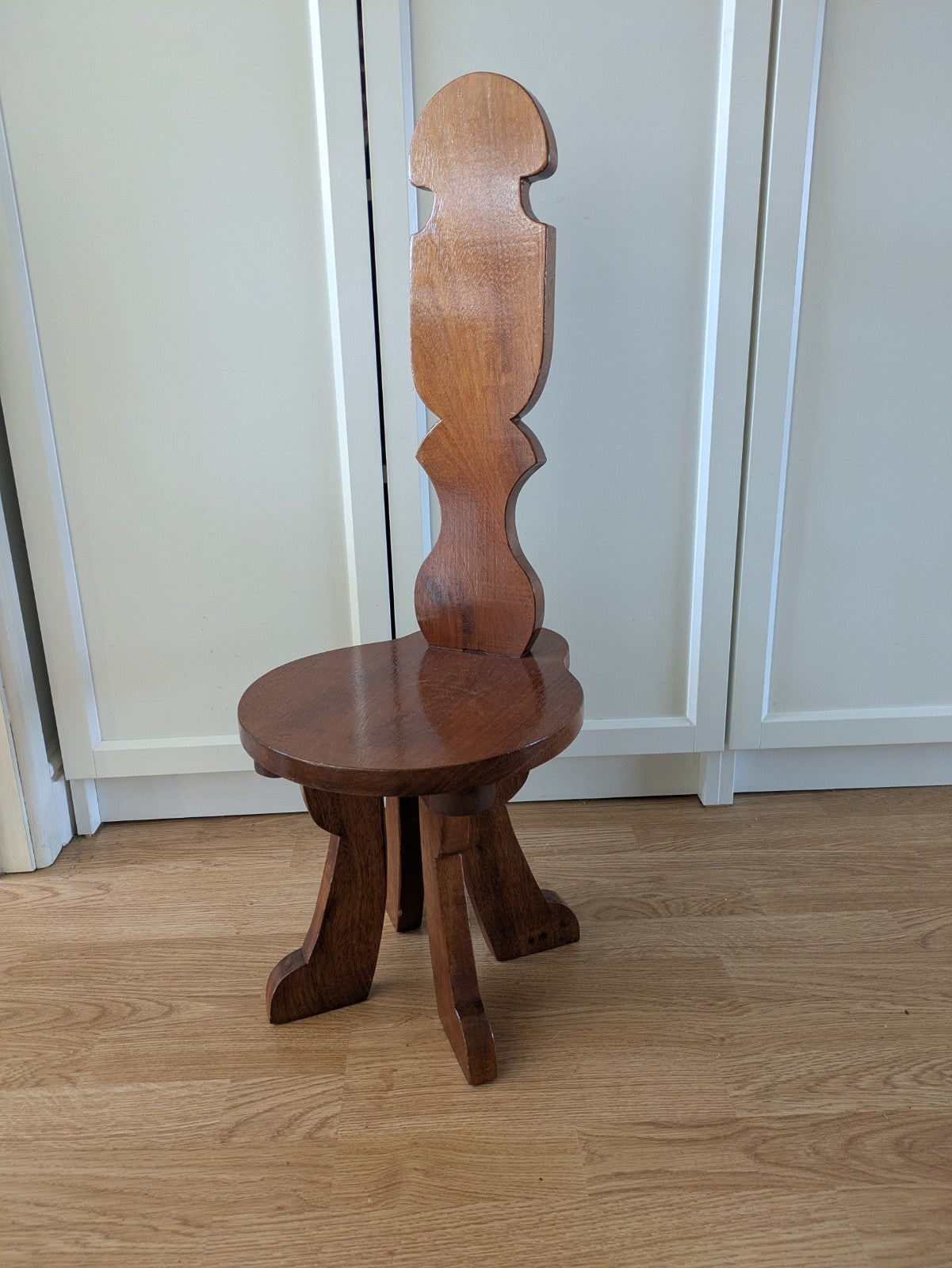 Early 20th Century Wooden Carved Spinning Chair Three Leg Tripod Child's Antique