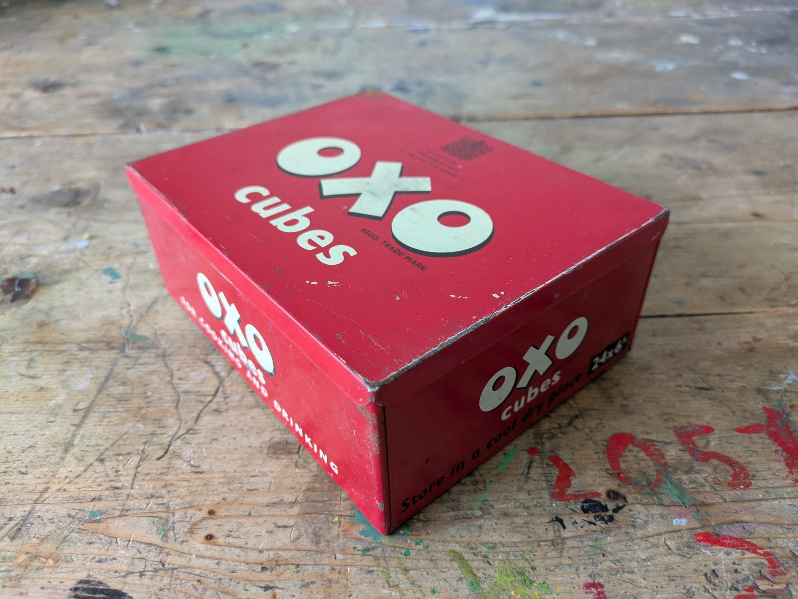 Vintage 1950s OXO Tin Box Metal Storage Advertising Red Kitchen Prop 24 Cube 