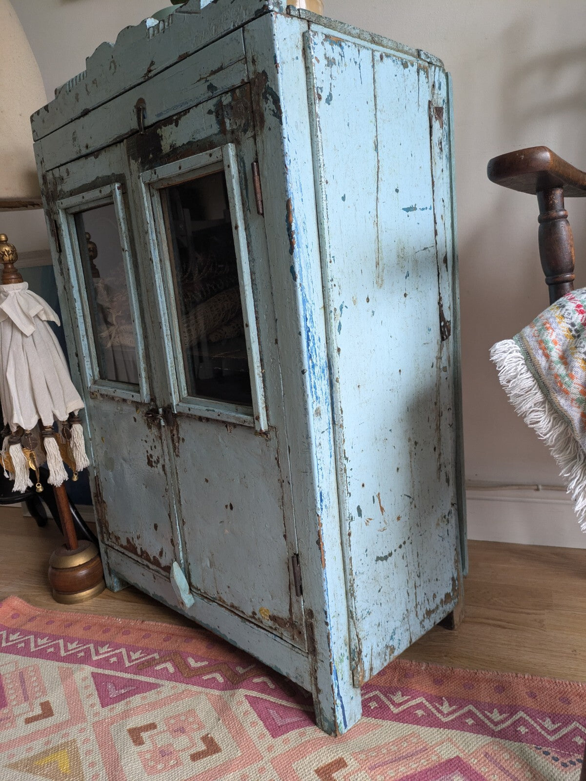 Small Antique Vintage Indian Cabinet Cupboard Painted Rare Glazed Blue Reclaimed