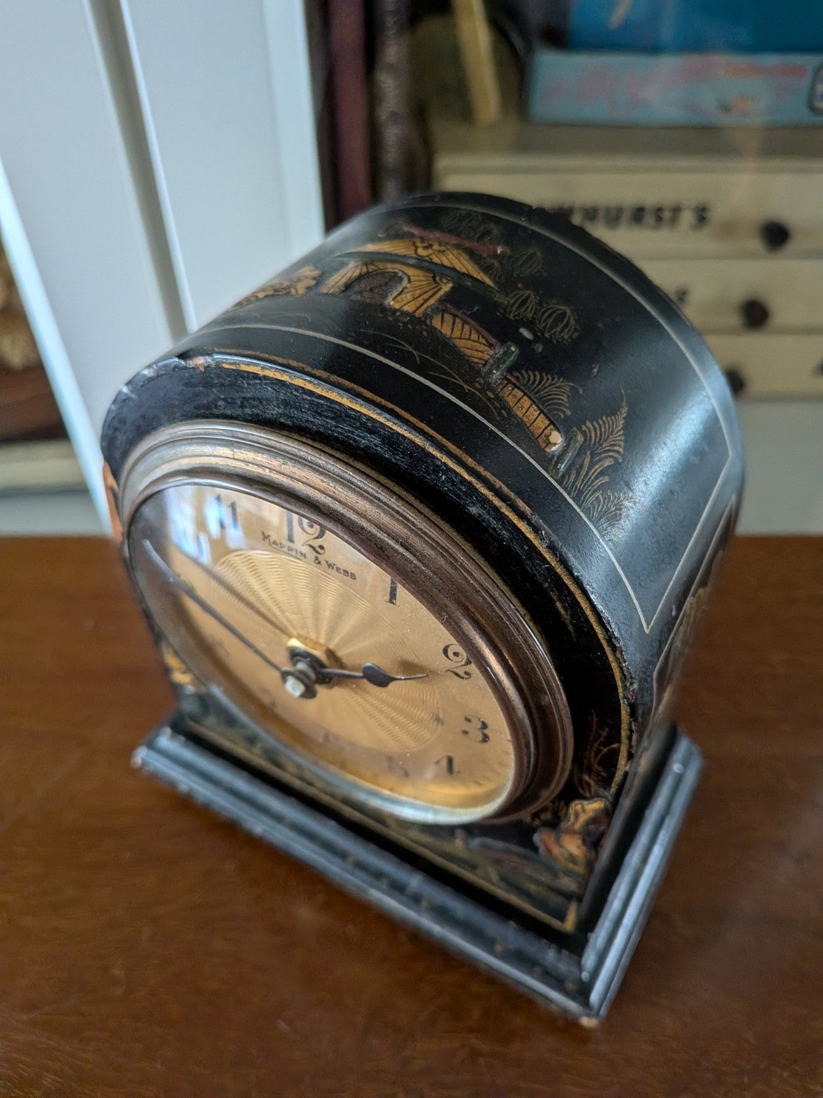 Vintage Antique Mappin And Webb Chinoiserie Chinese Black Lacquered Mantle Clock