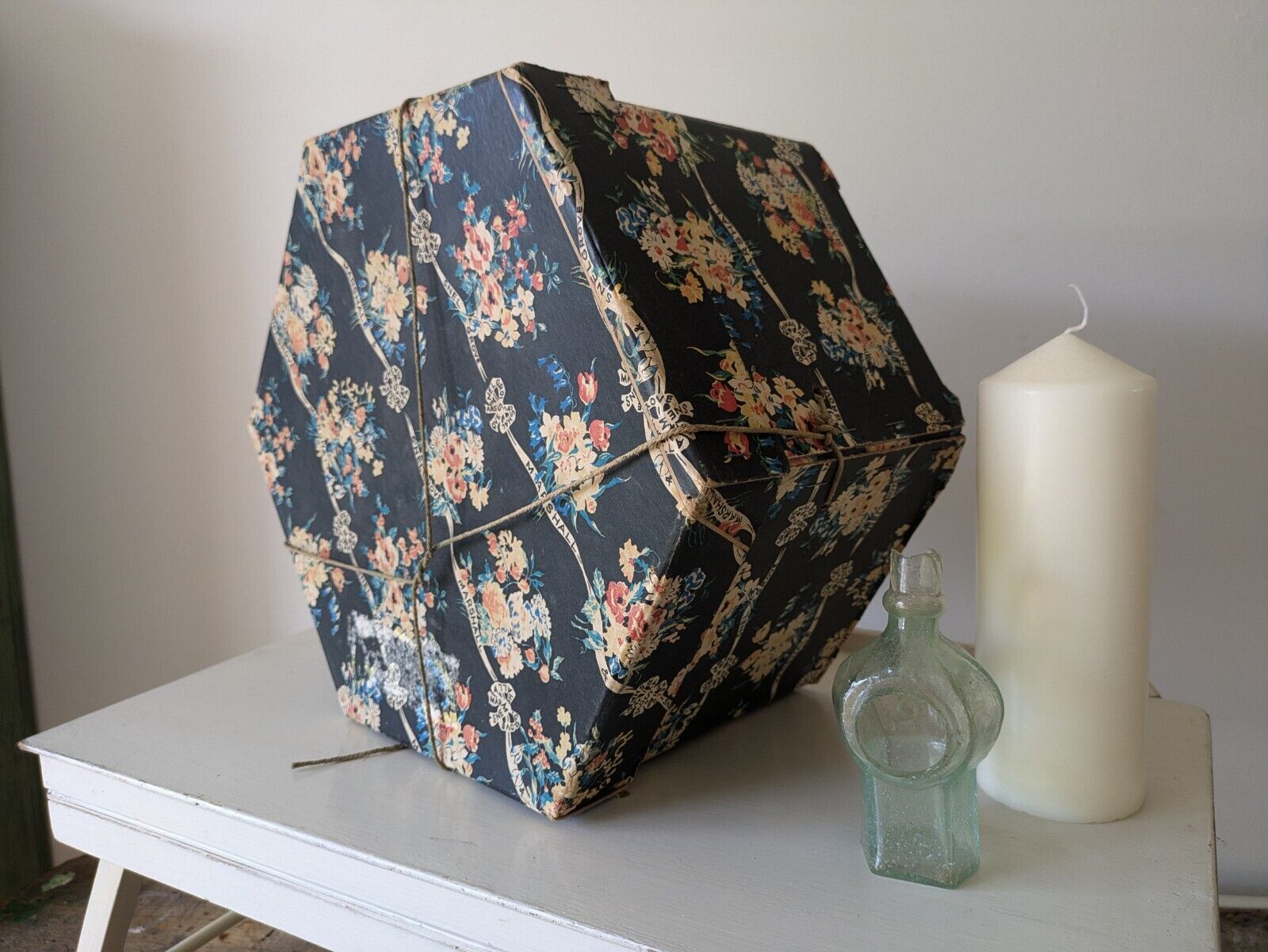 Marshall and Snelgrove vintage large hat box 1950's Hexagonal Floral Storage Vgc