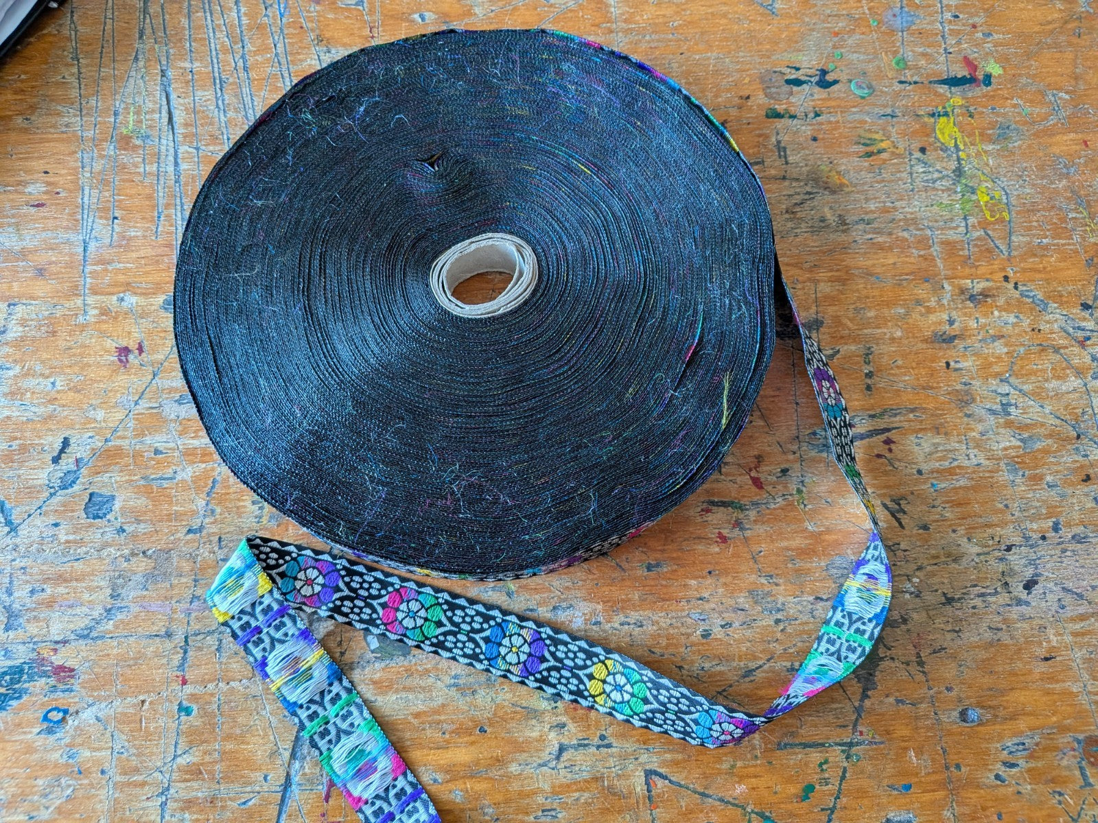 Jacquard Ribbon Black Dotty Roll Patterned Floral Multicoloured Black Trim Craft