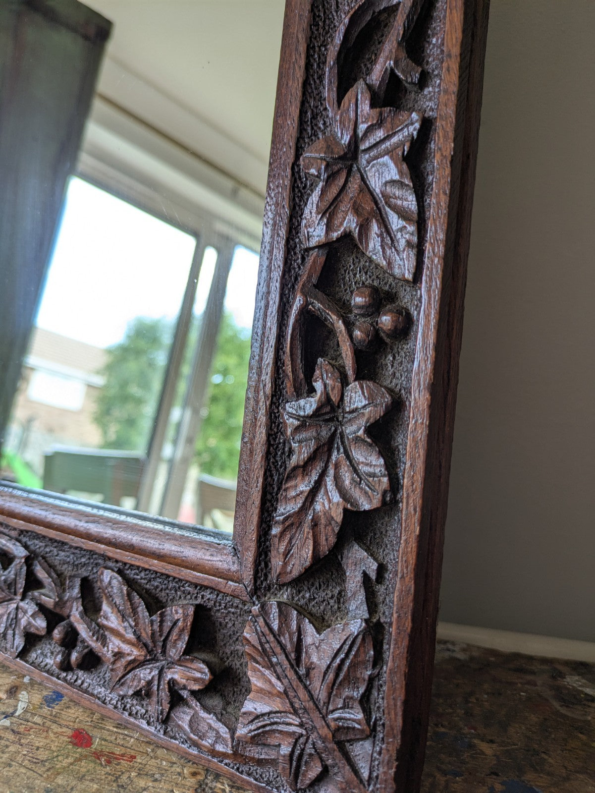 C1890 Victorian Rectangular Mirror Antique Oak Hand Carved Frame Berries Leaves