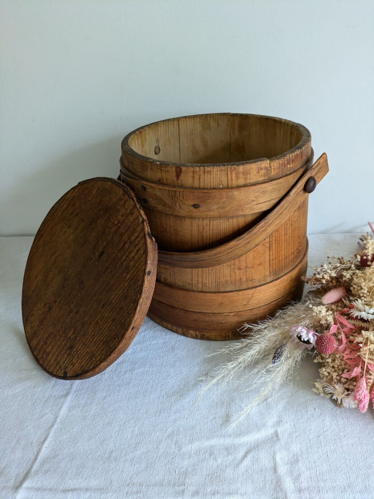 Vintage Wooden Firkin Sugar Bucket Lid Handle Primitive Pantry Pail 19th Century