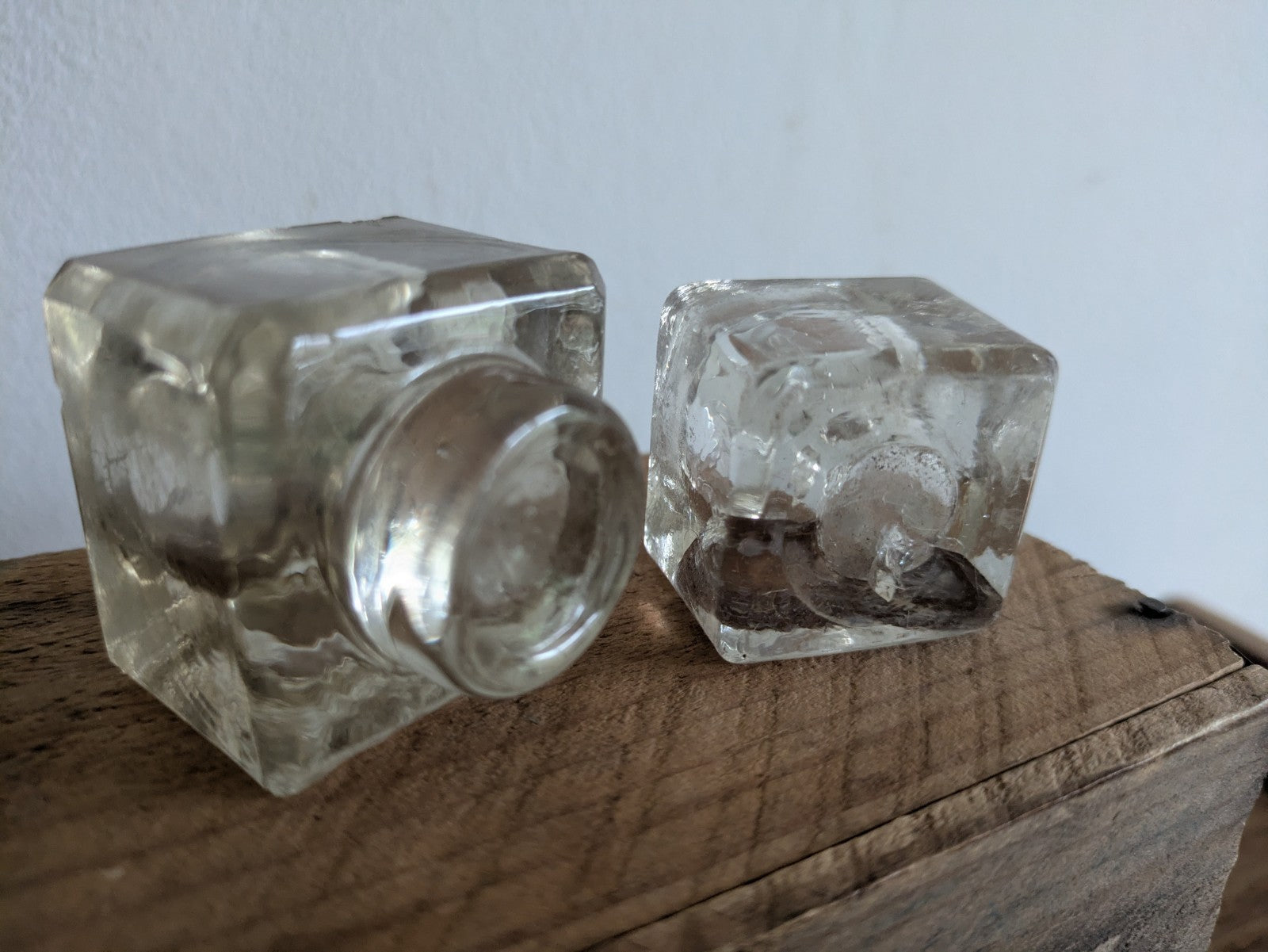 2x Antique Glass Ink Well Desk Study Display C.1900 Prop Edwardian Cube Pair Old