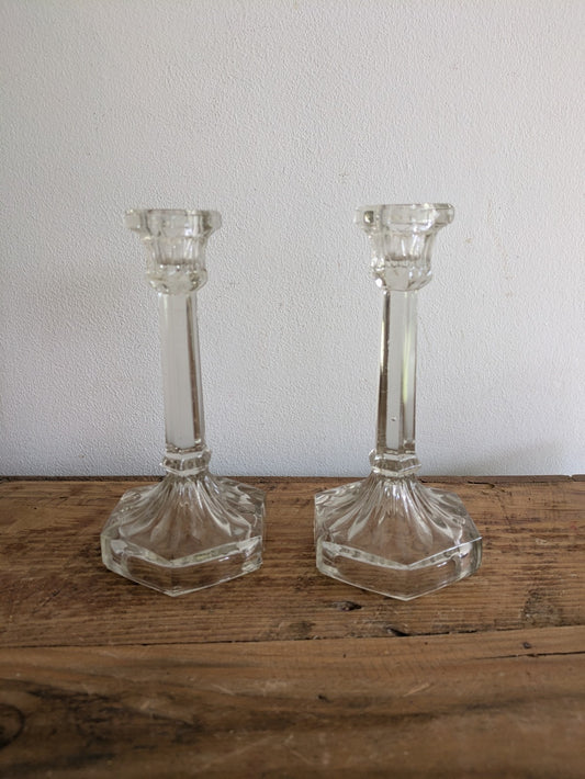 Vintage Matching Pair of Glass Candlestick Candle Stick Column Art Deco Clear