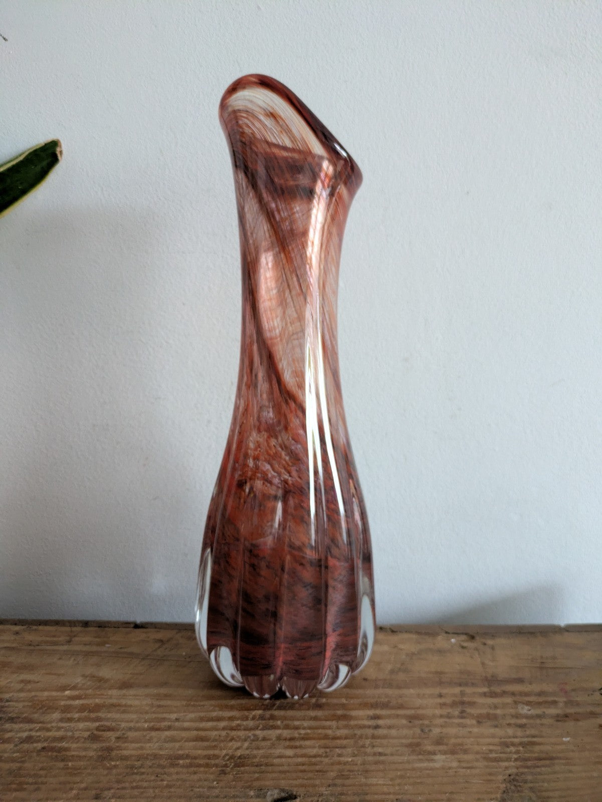 VTG Murano? Studio Art Glass Hand Blown Brown Vase Tall Ribbed Fluted MCM Prop