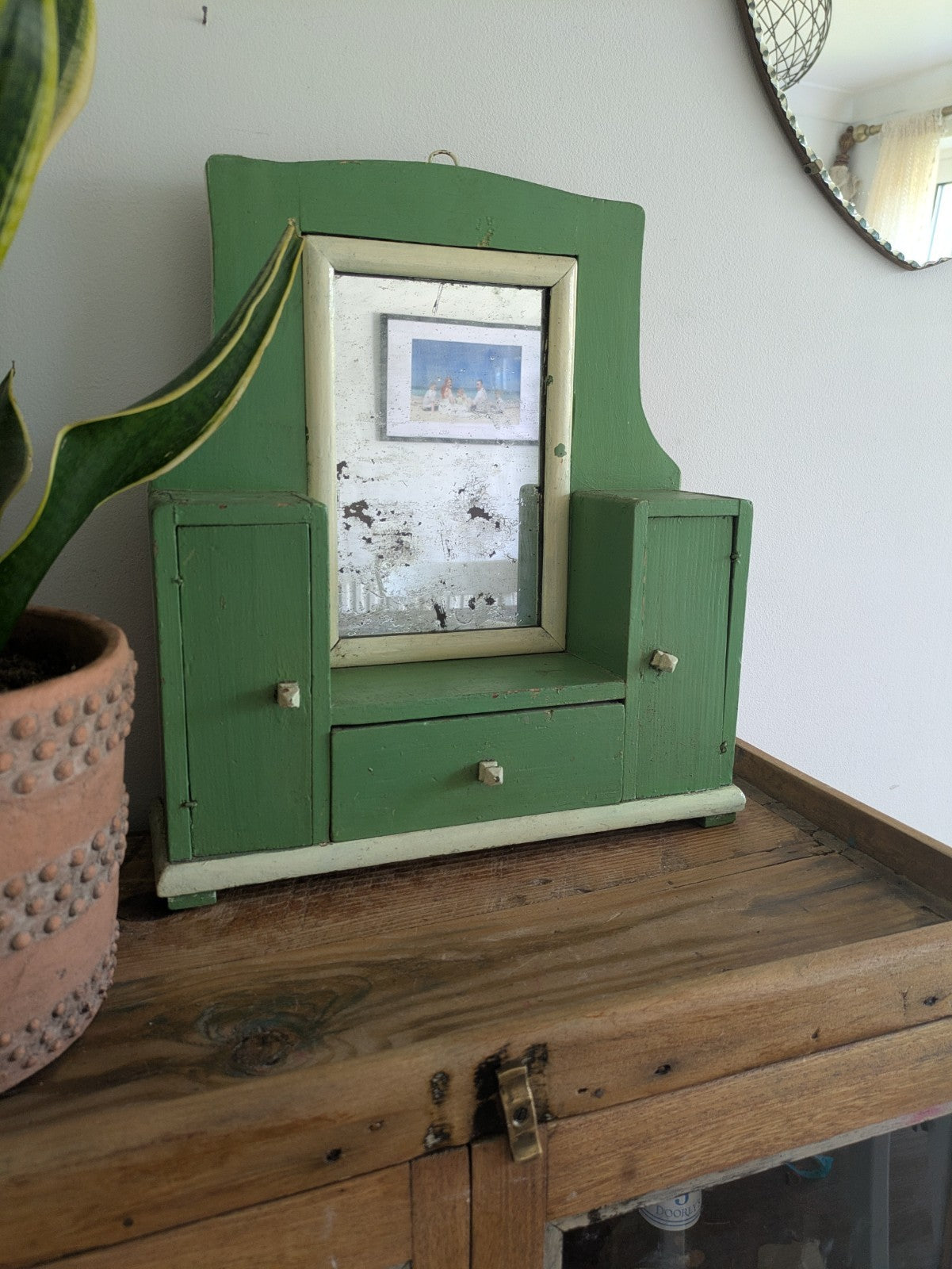 Antique Romanian Art Deco Wood Table Vanity Mirror Drawers Green Cupboard Wall