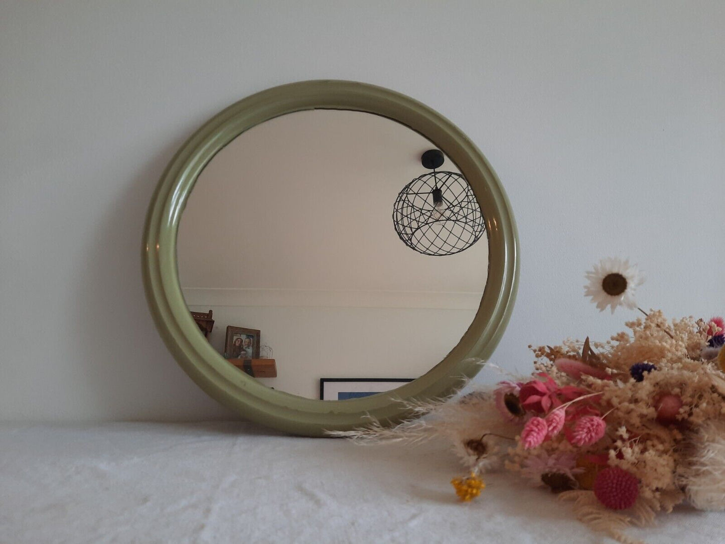 RETRO MID CENTURY DUTCH 'TIGER' ROUND MIRROR GREEN KITSCH ORIGINAL WALL PROP OLD