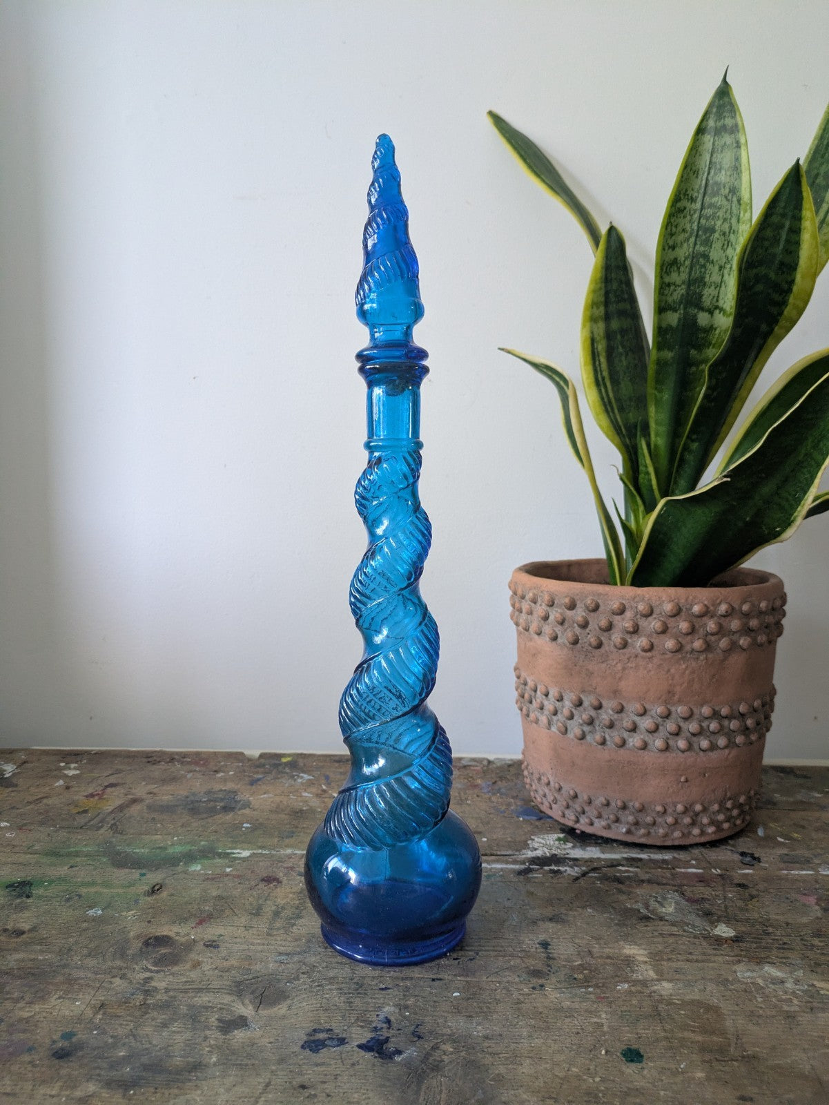 Vintage Genie Decanter Blue Spiral Glass French 1960s Depose Bottle 70s Stopper