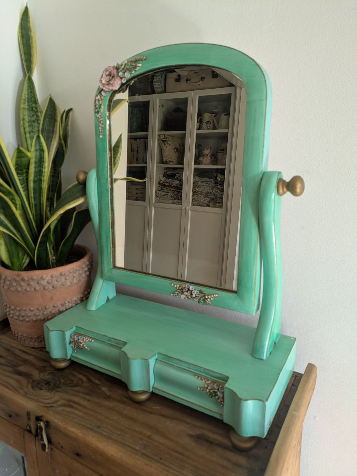 Antique Victorian Edwardian Wood Table Vanity Mirror Drawers Turquoise Floral Vg