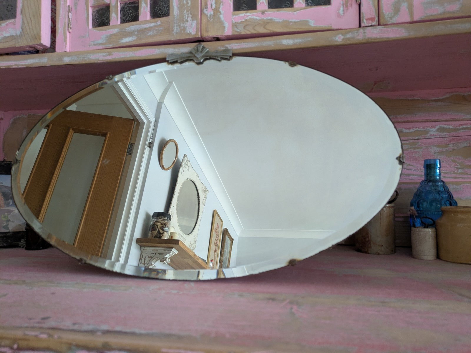 Art Deco Bevel Edge Wall Mirror Frameless & Chain Bevel Edge Oval Vintage Finial