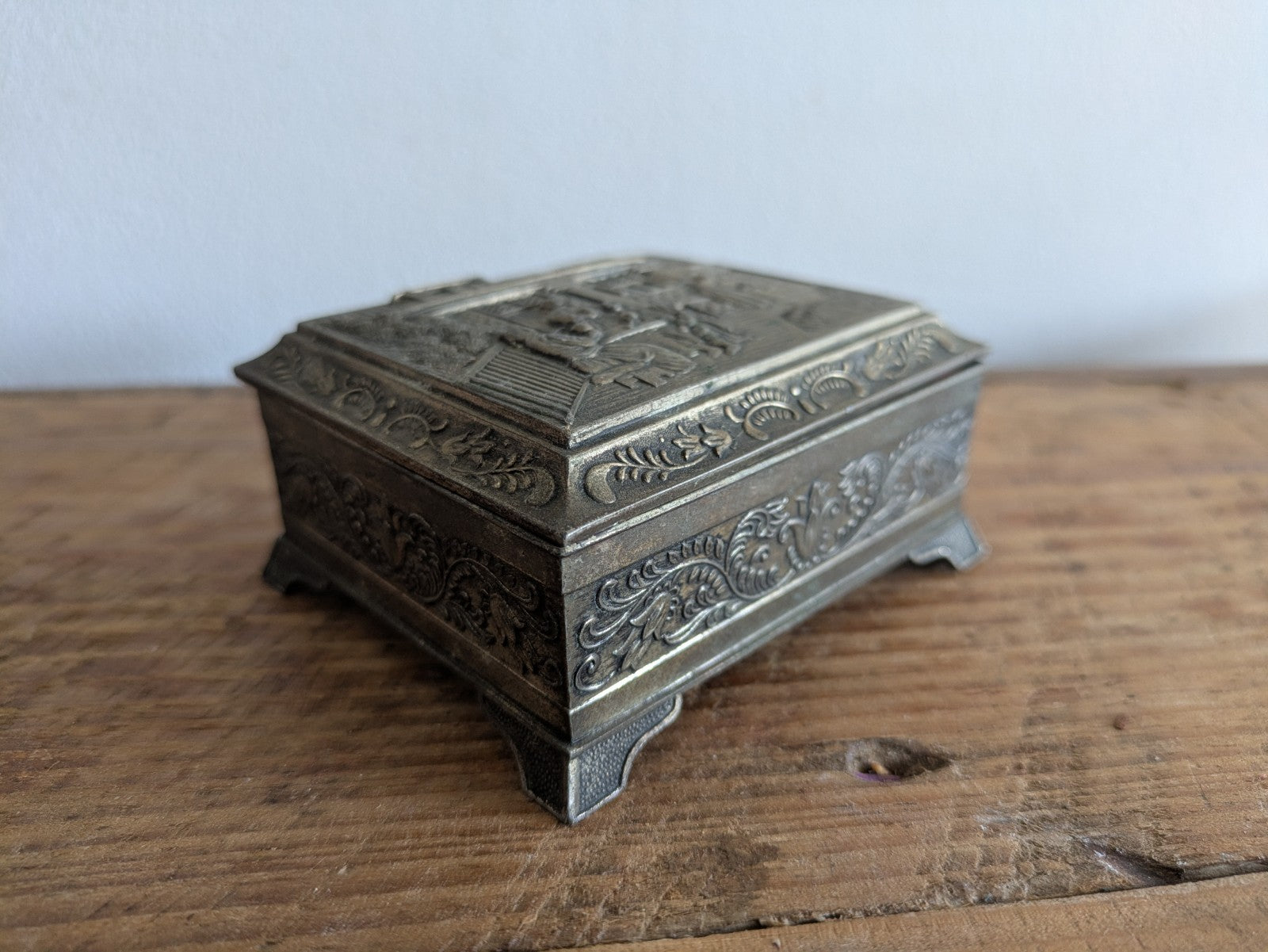 Vintage Japanese Footed Metal Jewelry Trinket Box Silver Tone Red Velvet Lining