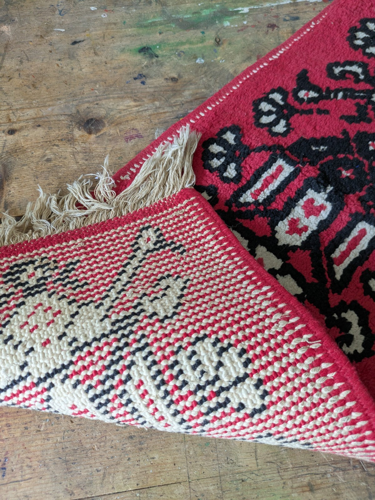 Vintage Fireside Small Rug Runner Geometric Ethnic Red Woven Vgc Tassels Bedside