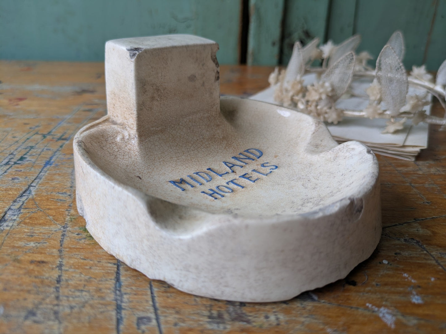 Antique Midland Hotels Ironstone Match Striker Ashtray Crazed Advertising Rare 