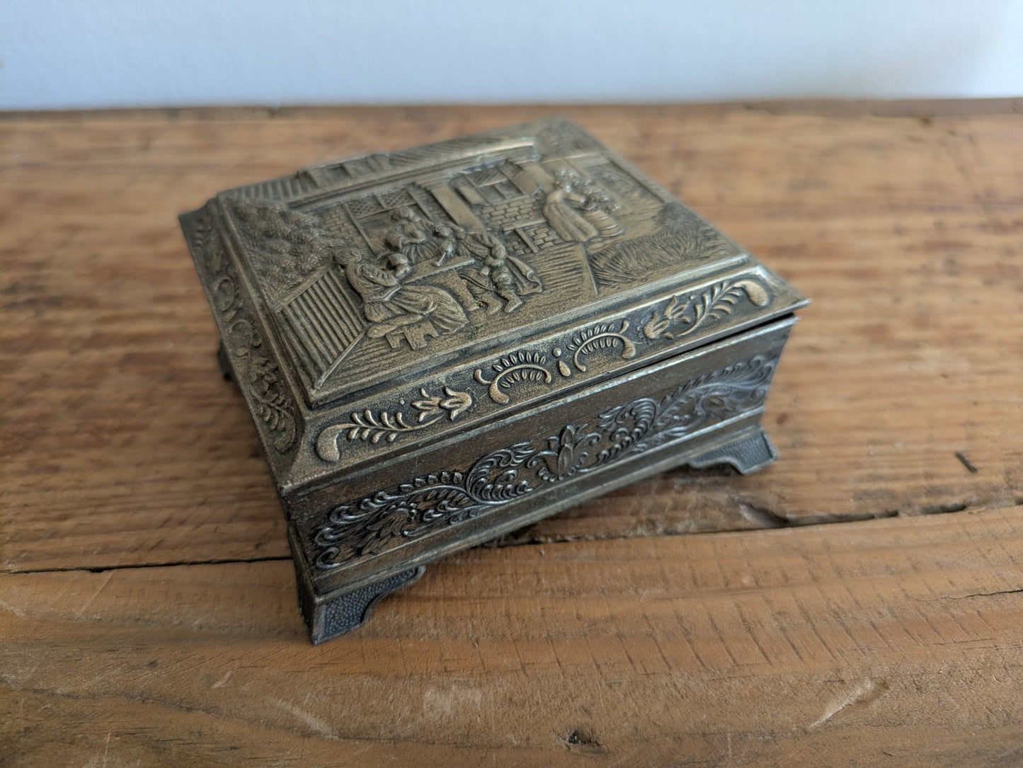Vintage Japanese Footed Metal Jewelry Trinket Box Silver Tone Red Velvet Lining
