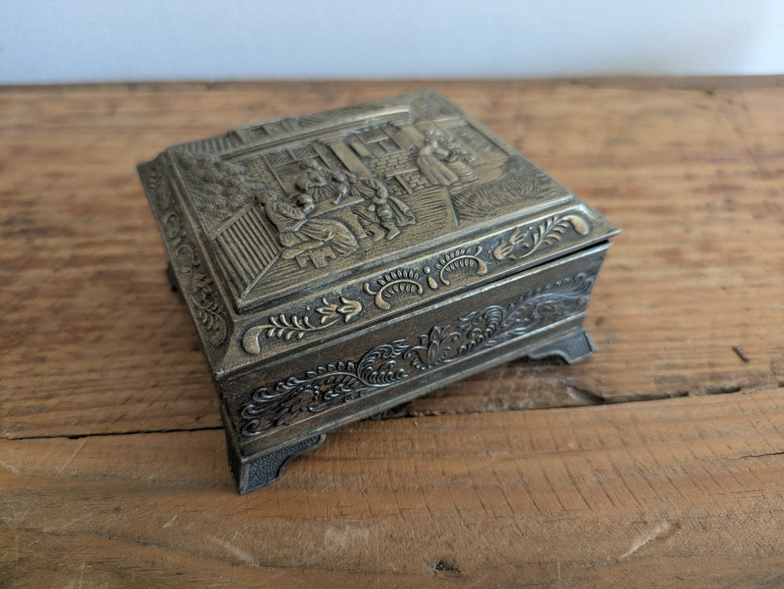 Vintage Japanese Footed Metal Jewelry Trinket Box Silver Tone Red Velvet Lining