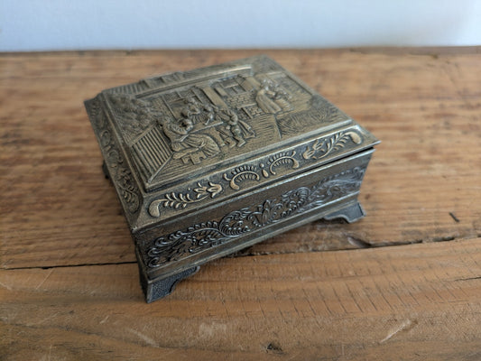 Vintage Japanese Footed Metal Jewelry Trinket Box Silver Tone Red Velvet Lining