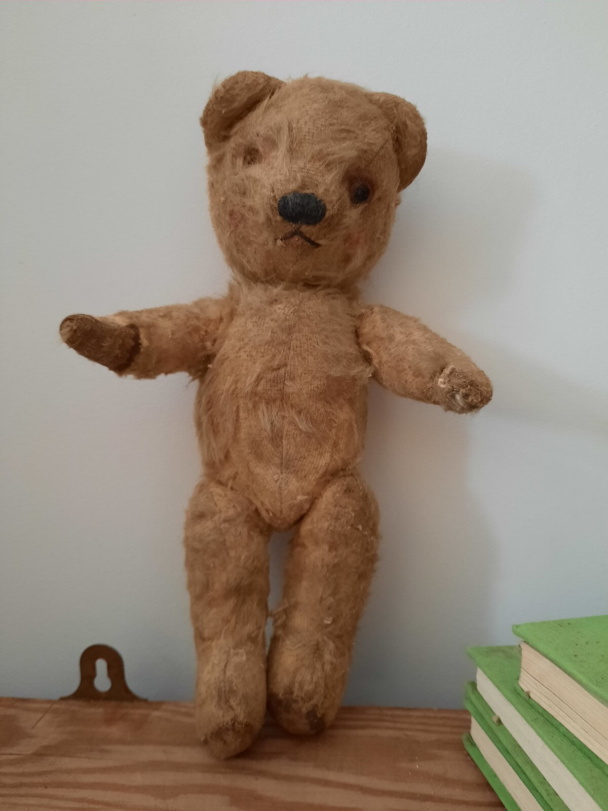 Antique Small Jointed Old Mohair Teddy Bear straw stuffed vintage RARE worn toy