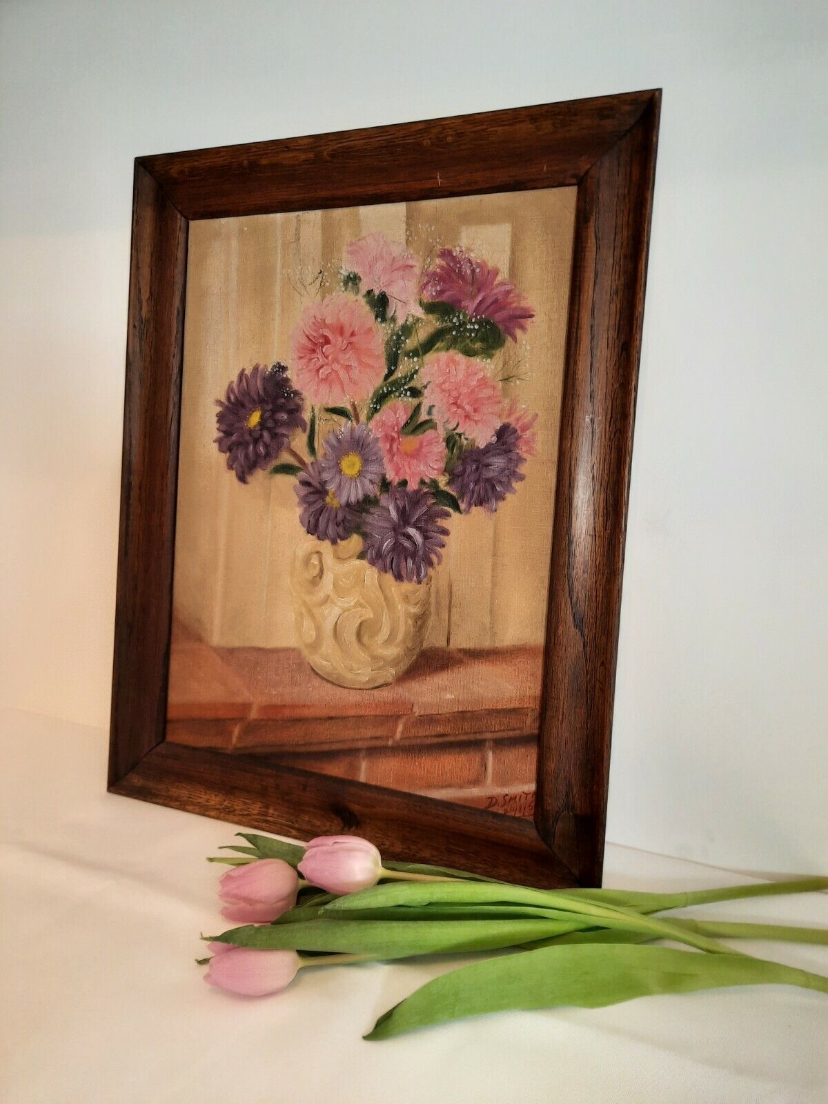 Original Old Vintage Mid Century 1950's Still Life Floral Oil Painting-Signed 