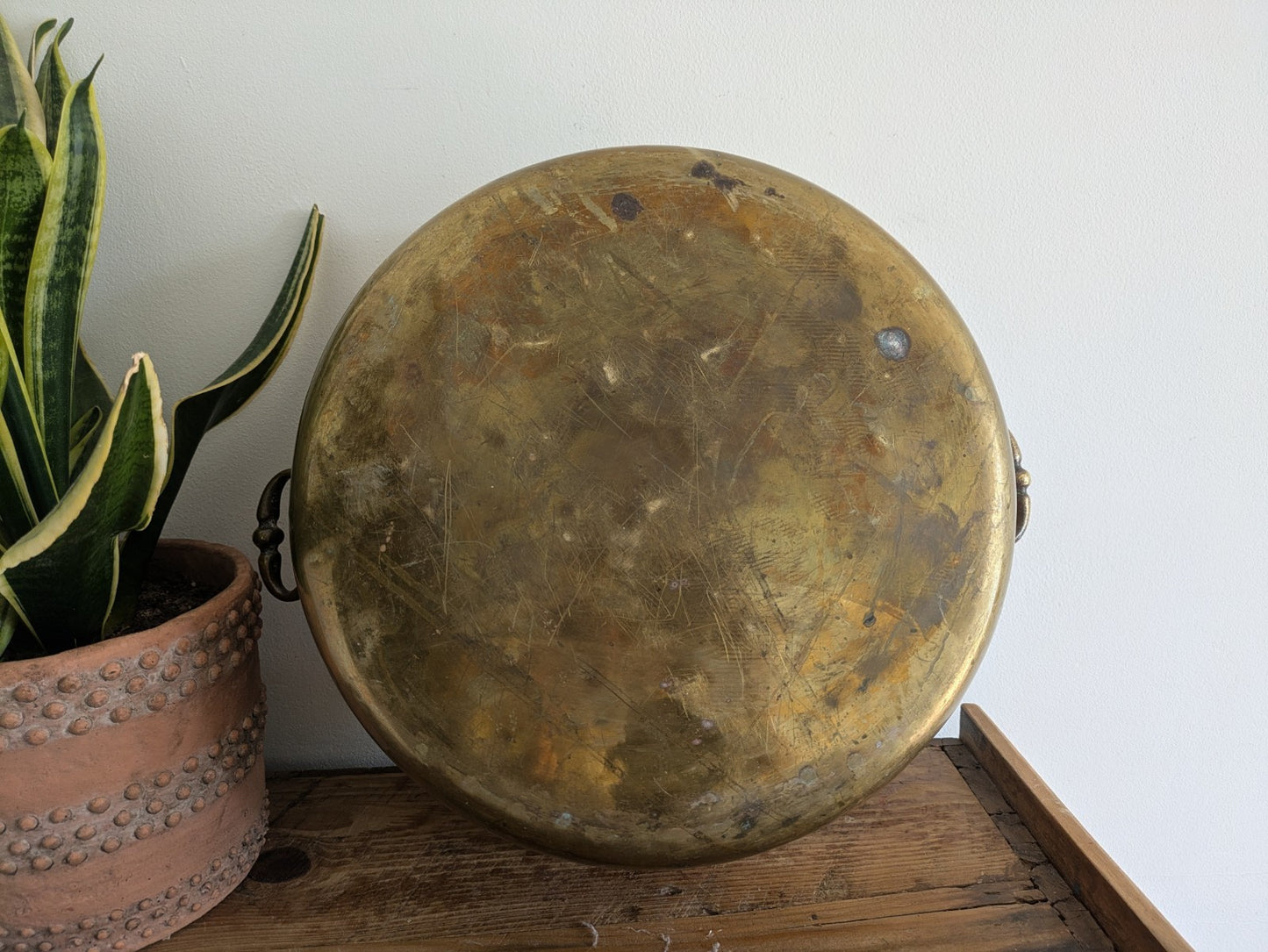 Antique 19thC Victorian Brass Pot Pan Double Handles Giant XL Size Chef Kitchen