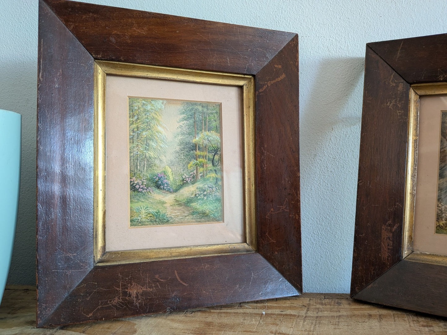 Pair Antique Framed Alan White Vtg Watercolour Signed Langcliff Woods Painting 