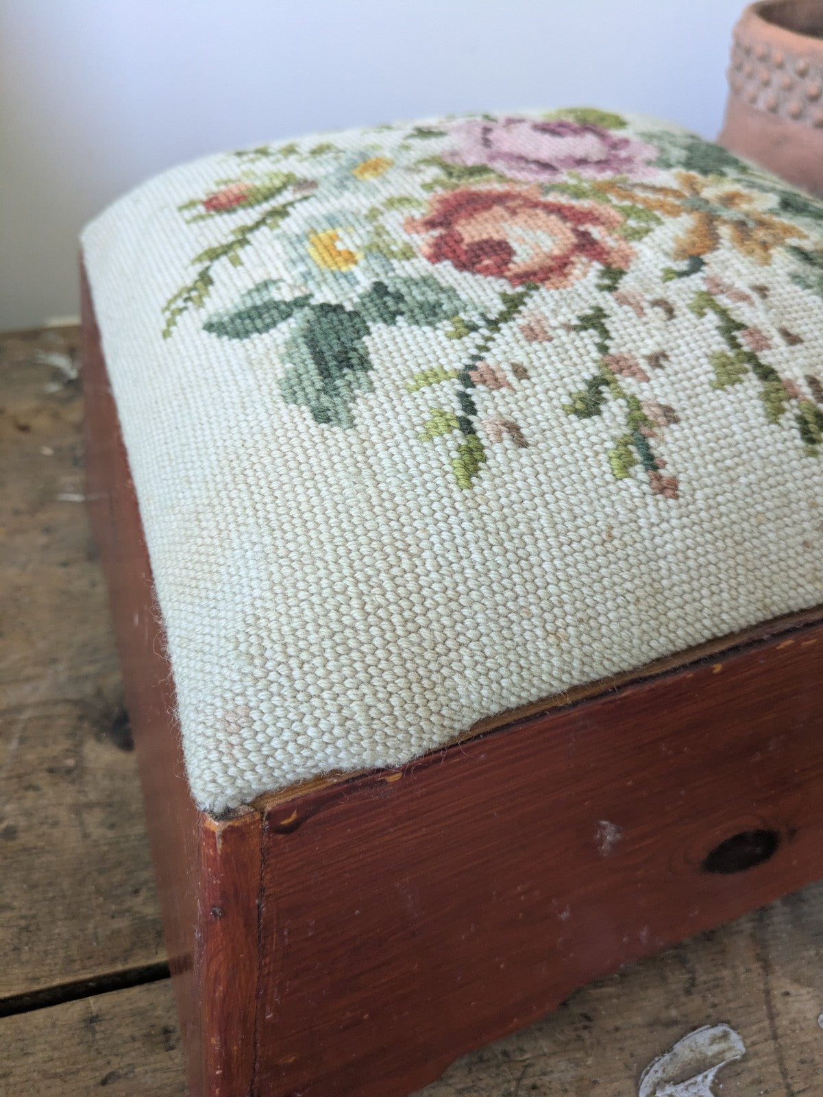Vintage Tapestry Floral Stool Pine Base Rose Tapestry Top Footstool Original Old