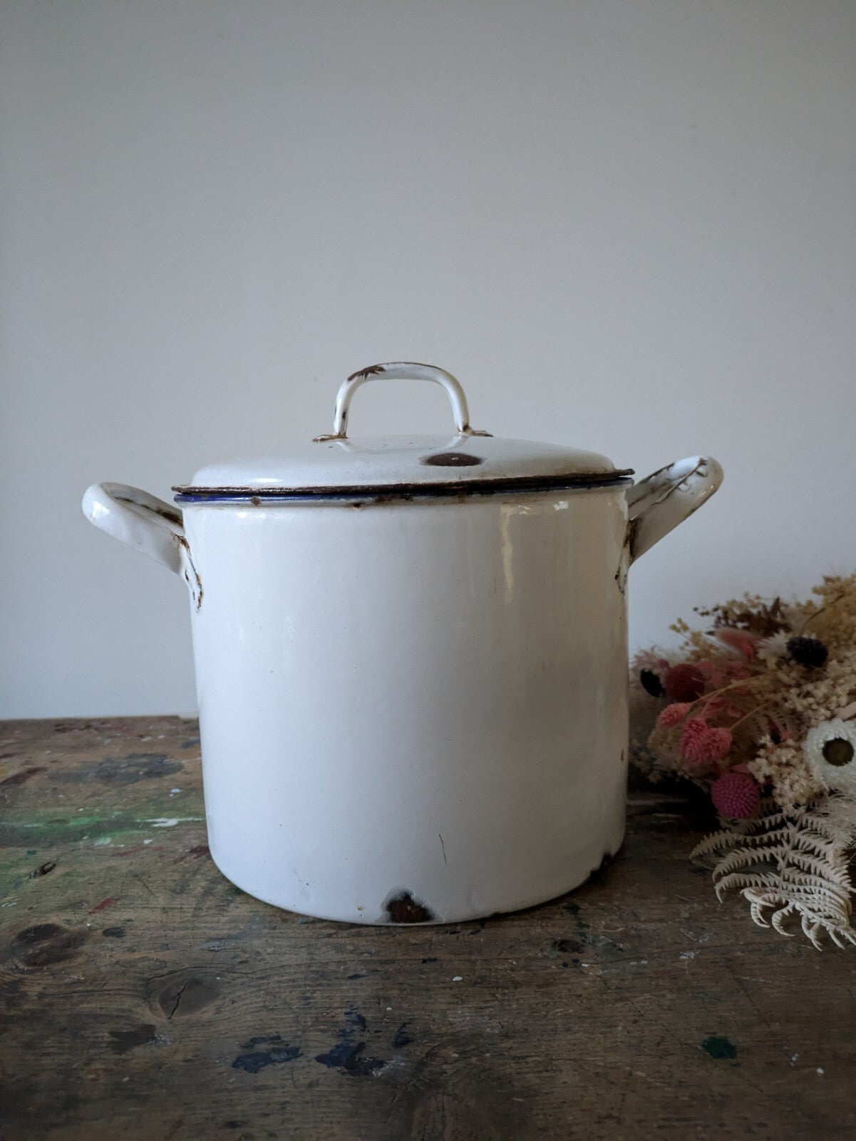Antique Enamel French Flour Pot White Round Bread Container Lid Prop Vtg Retro