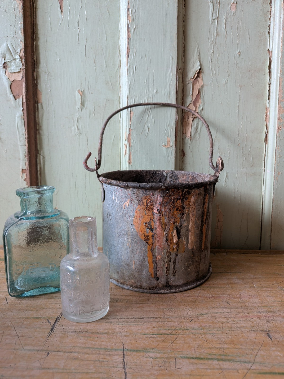 Small Mid 20thC Metal Paint Bucket Can Kettle Pail Planter Pot Prop Vtg Decor