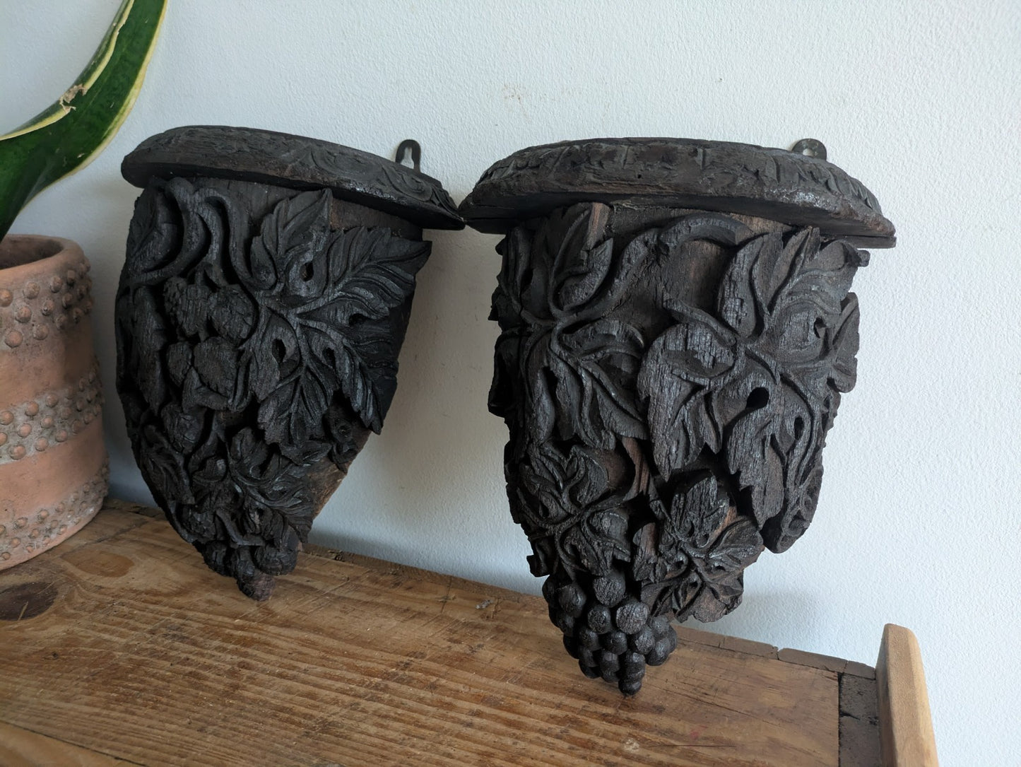 Antique Pair Carved Wall Hanging Shelf Sconce Decor C1880 Demi Lune Rare Vtg 