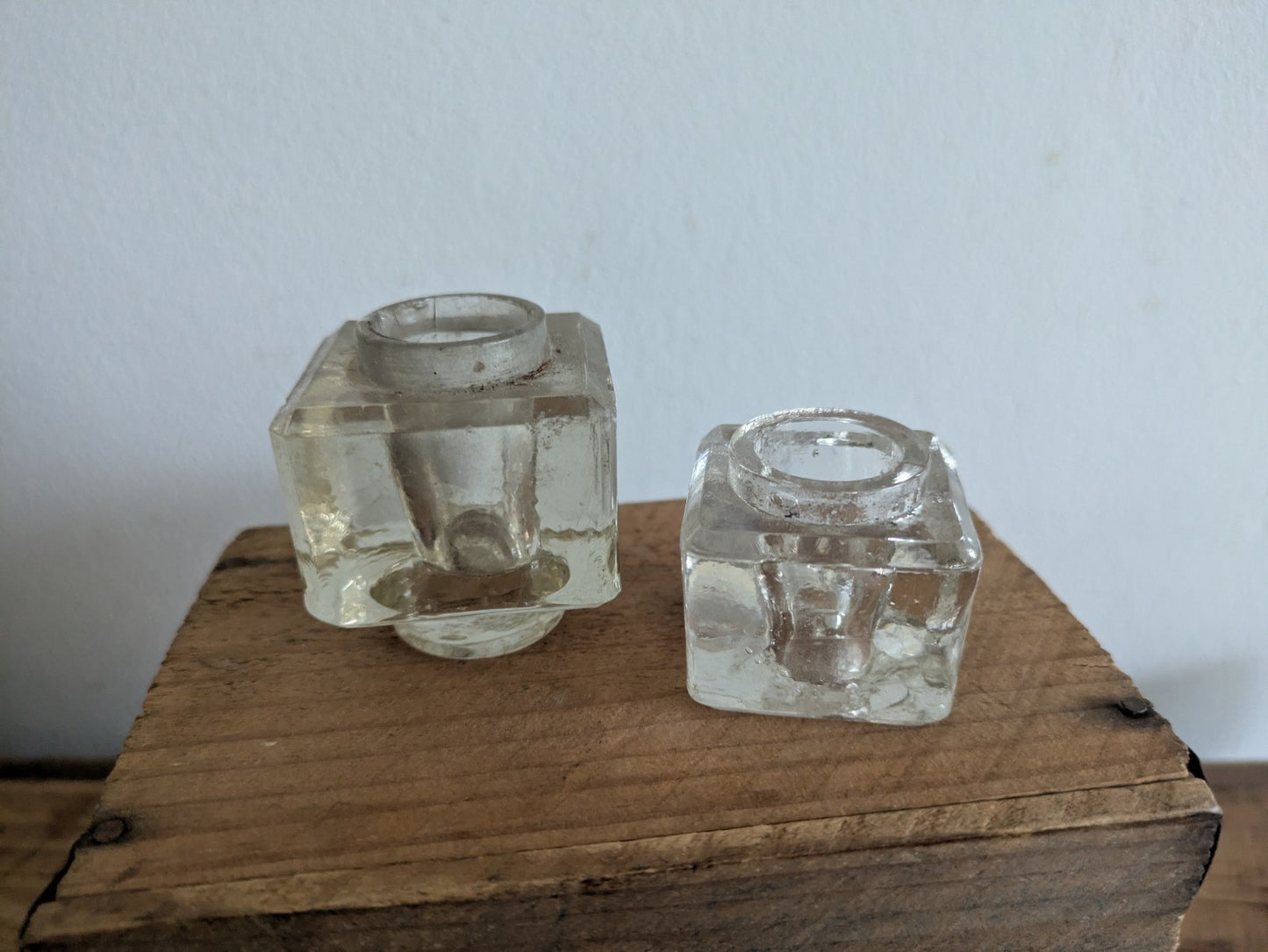 2x Antique Glass Ink Well Desk Study Display C.1900 Prop Edwardian Cube Pair Old