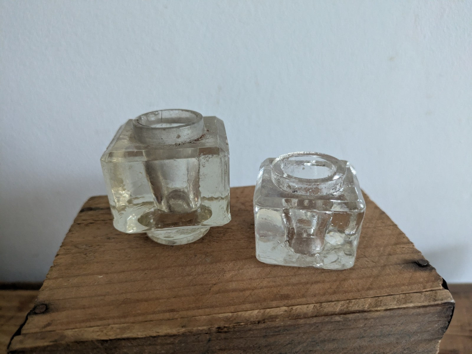 2x Antique Glass Ink Well Desk Study Display C.1900 Prop Edwardian Cube Pair Old
