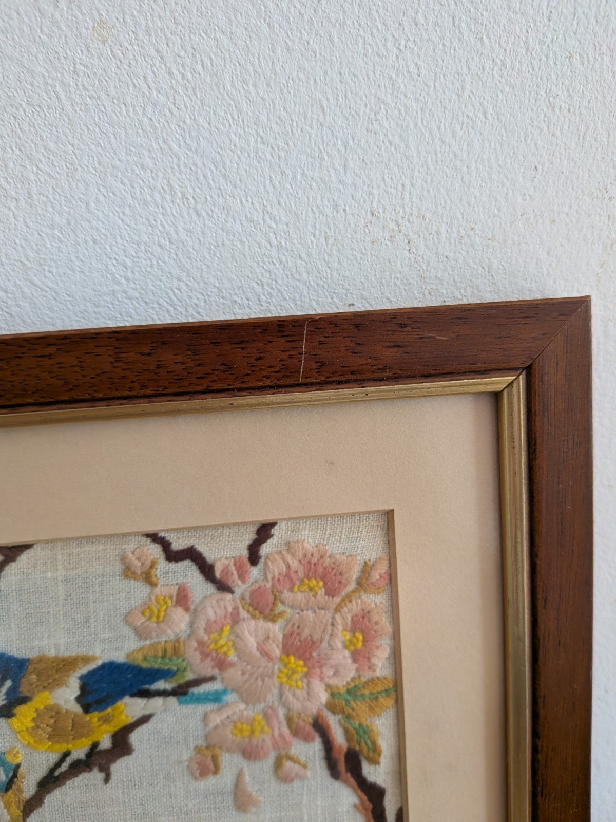 Vintage Blue Tit Needlepoint Embroidery Floral Art Handmade Framed Birds Blossom