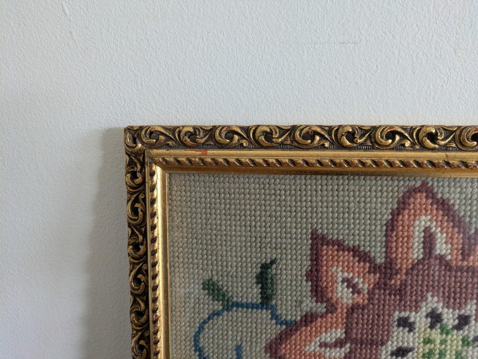 Vintage 1960s Floral Tapestry Embroidery Cross Stitch Picture Framed Tree Life
