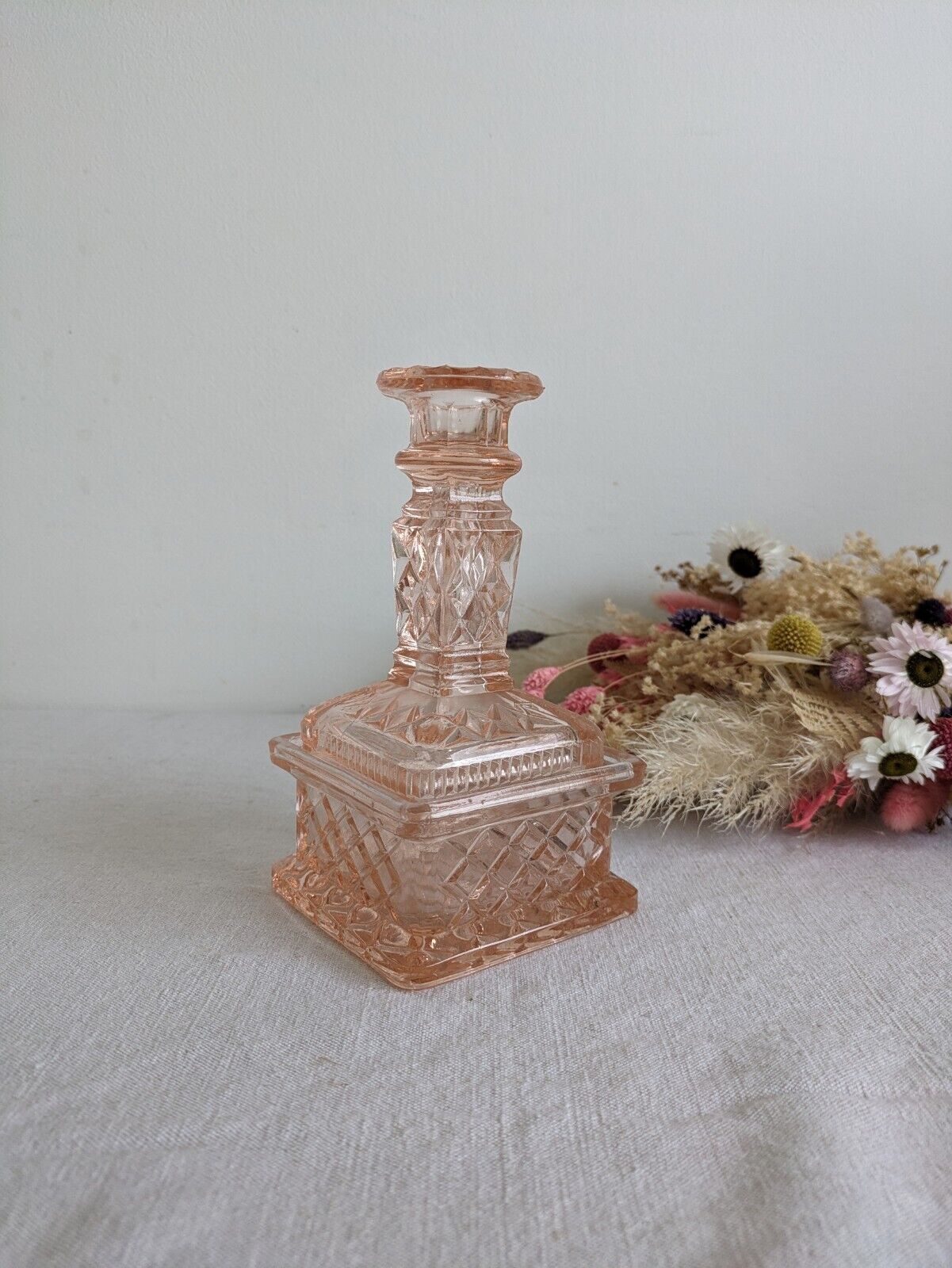 Vintage Art Deco Pink Single Glass Candlestick Quilted Dish Trinket Box Rare Vgc