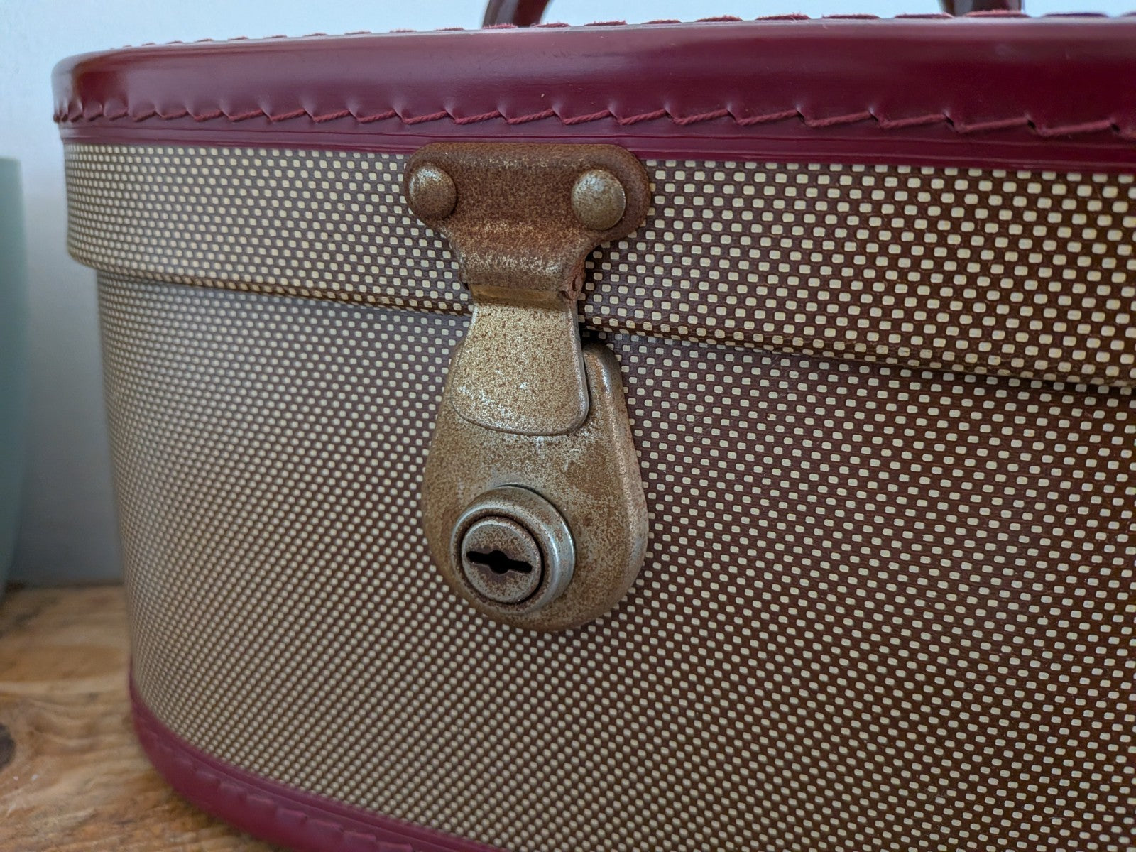 Vintage Cheney Vanity Case Child's Suitcase Luggage Prop Maroon Two-tone TV Film