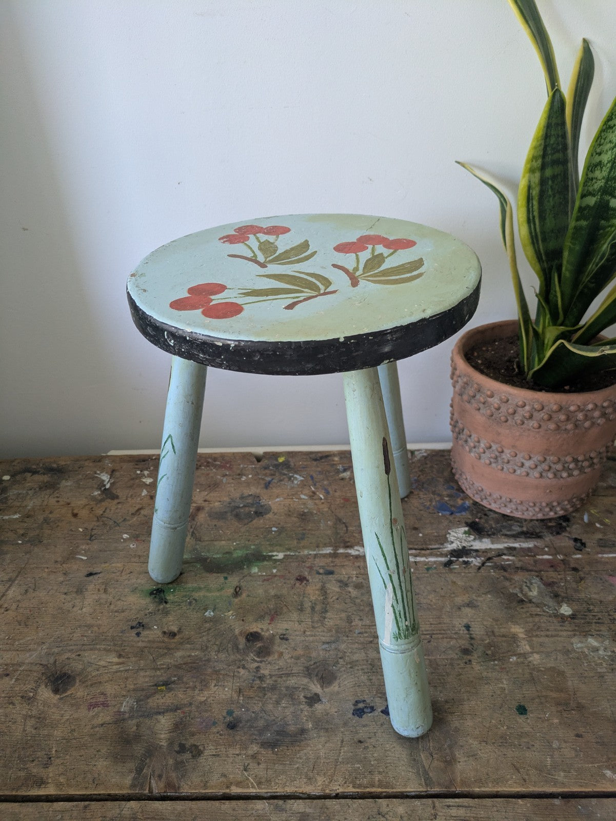 Vintage Stool Folk Art Hand Painted Cherries Blue Chippy Original Antique Tripod