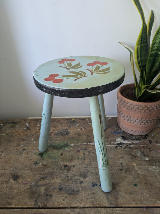 Vintage Stool Folk Art Hand Painted Cherries Blue Chippy Original Antique Tripod